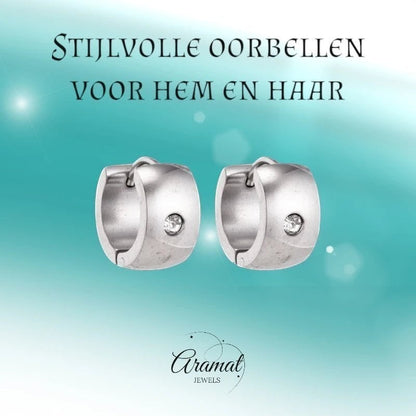 Aramat Jewels silver-coloured wide stainless steel hoop earrings with a clear zirconia stone, unisex design.