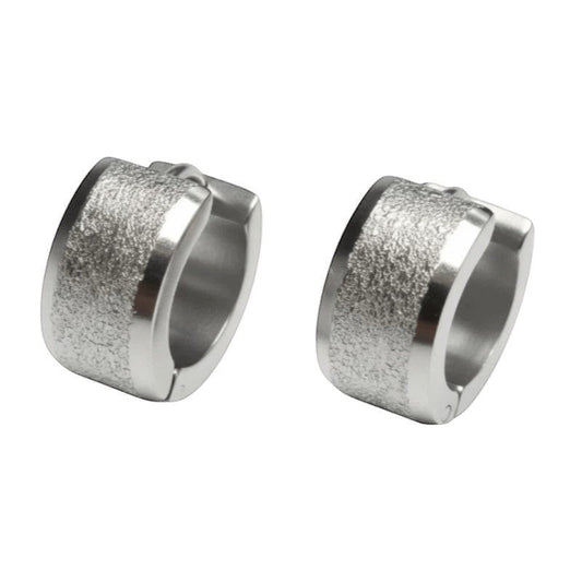 Aramat Jewels sandblasted silver-tone stainless steel huggie hoop earrings, 13mm, with a matte textured band.