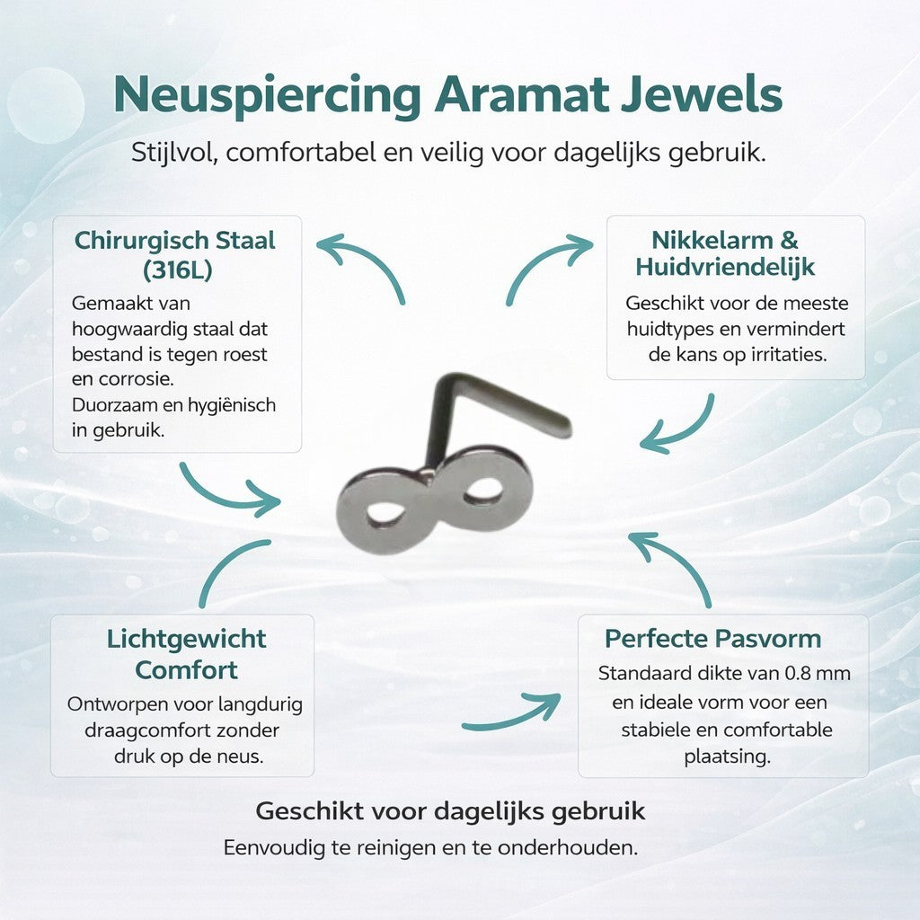 Aramat Jewels silver-tone steel nose piercing with a 4mm infinity symbol design. Suitable for daily wear.