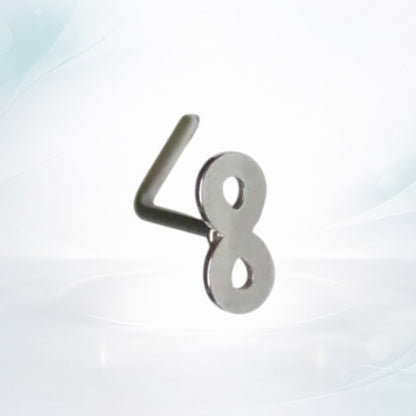 Aramat Jewels silver-tone stainless steel nose stud with a 4mm infinity symbol design.