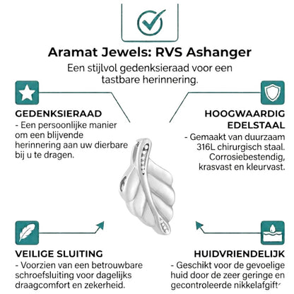 Aramat Jewels silver-colored stainless steel leaf-shaped ash pendant with beaded detailing.