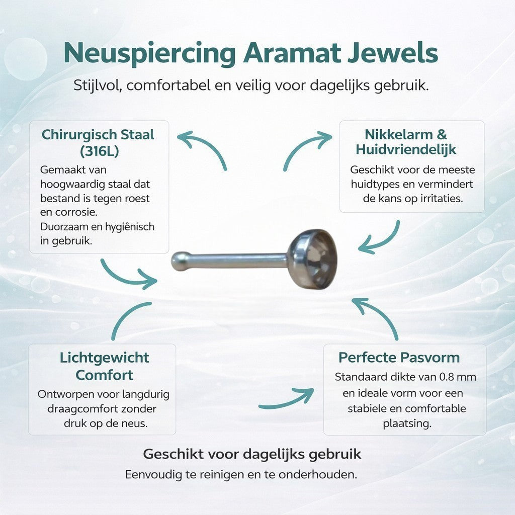 Aramat Jewels silver stainless steel nose piercing with a 2mm crystal stud. Straight design for nose wing.