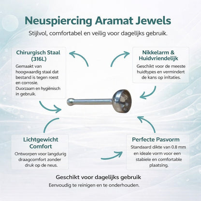 Aramat Jewels silver stainless steel nose piercing with a 2mm crystal stud. Straight design for nose wing.