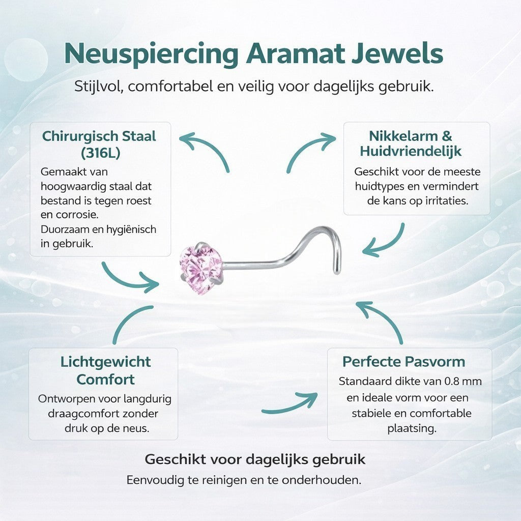 Aramat Jewels silver steel nose piercing with a pink heart-shaped zirconia stone.
