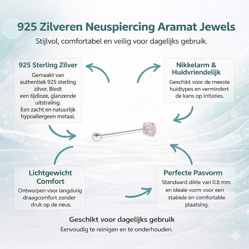 Aramat Jewels silver nose piercing with a small pink opal stone.