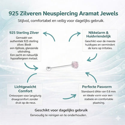 Aramat Jewels silver nose piercing with a small pink opal stone.