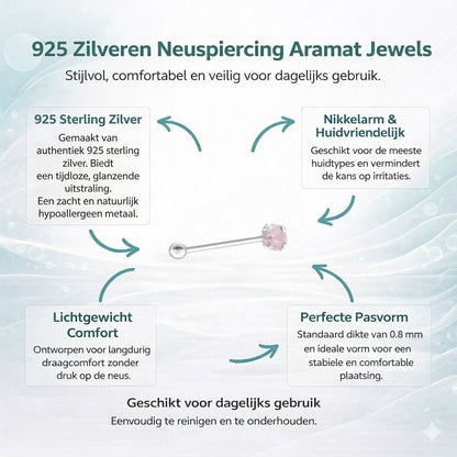 Aramat Jewels silver nose piercing with a small pink opal stone.