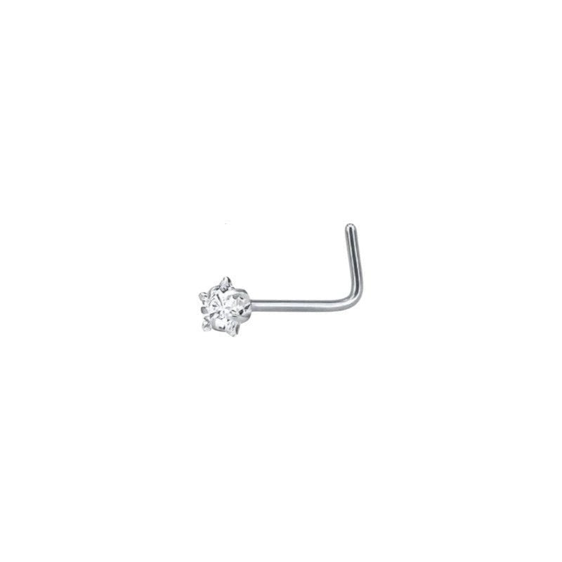 Aramat Jewels silver-tone L-shaped nose studs with clear cubic zirconia in round, heart, and star shapes.