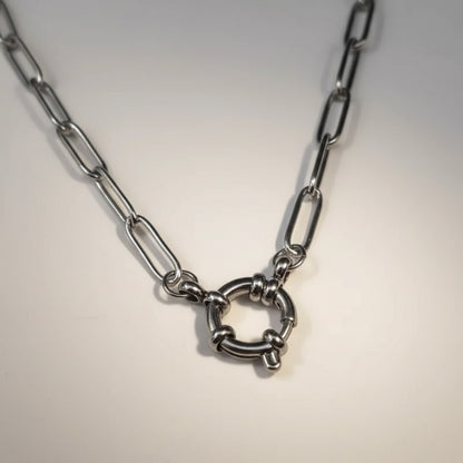 Aramat Jewels silver-tone stainless steel paperclip link charm necklace with a circular clasp.