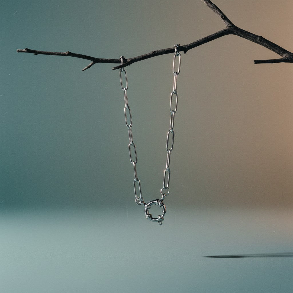 Aramat Jewels silver-tone stainless steel paperclip link charm necklace with a toggle clasp.