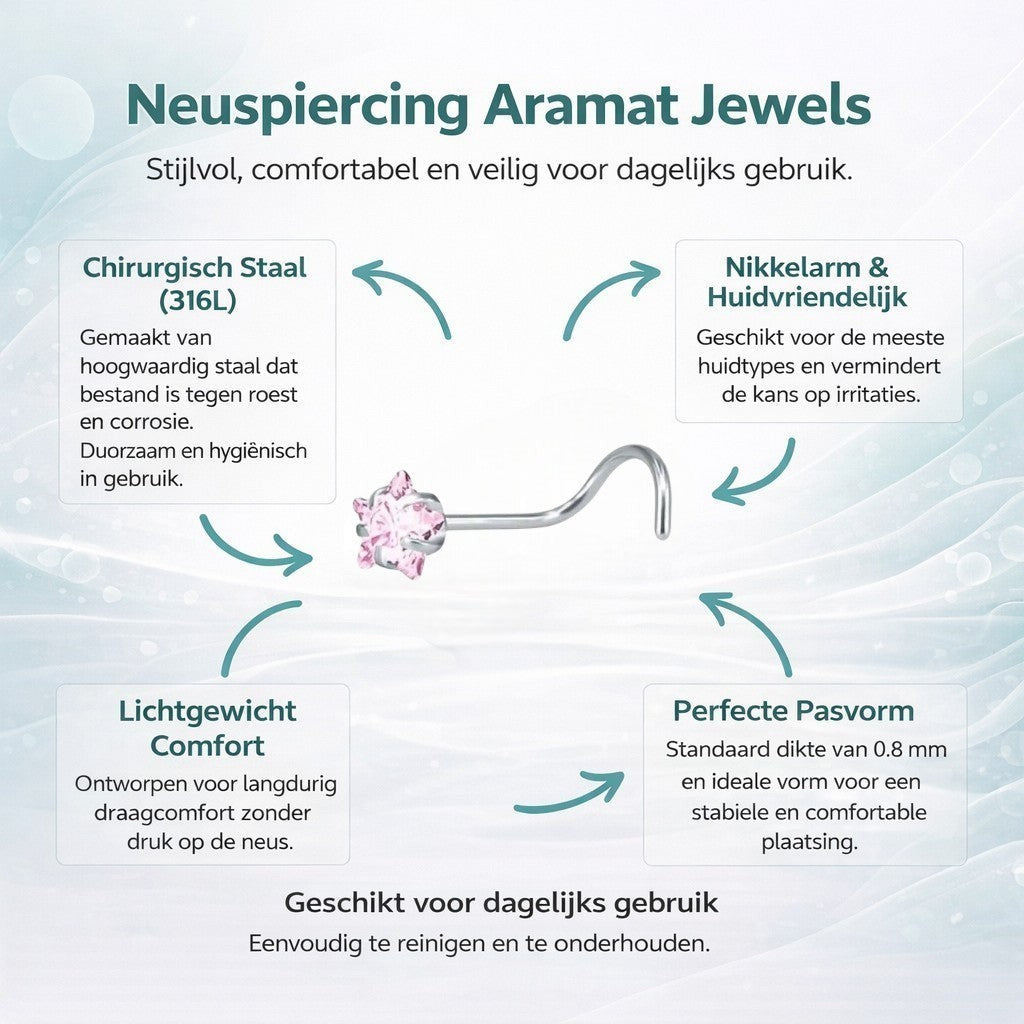 Aramat Jewels silver steel nose piercing with a pink zirconia stone in a star shape.