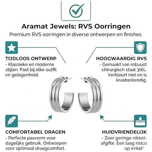 Aramat Jewels silver-tone stainless steel half hoop earrings with ribbed texture, 23x7mm.