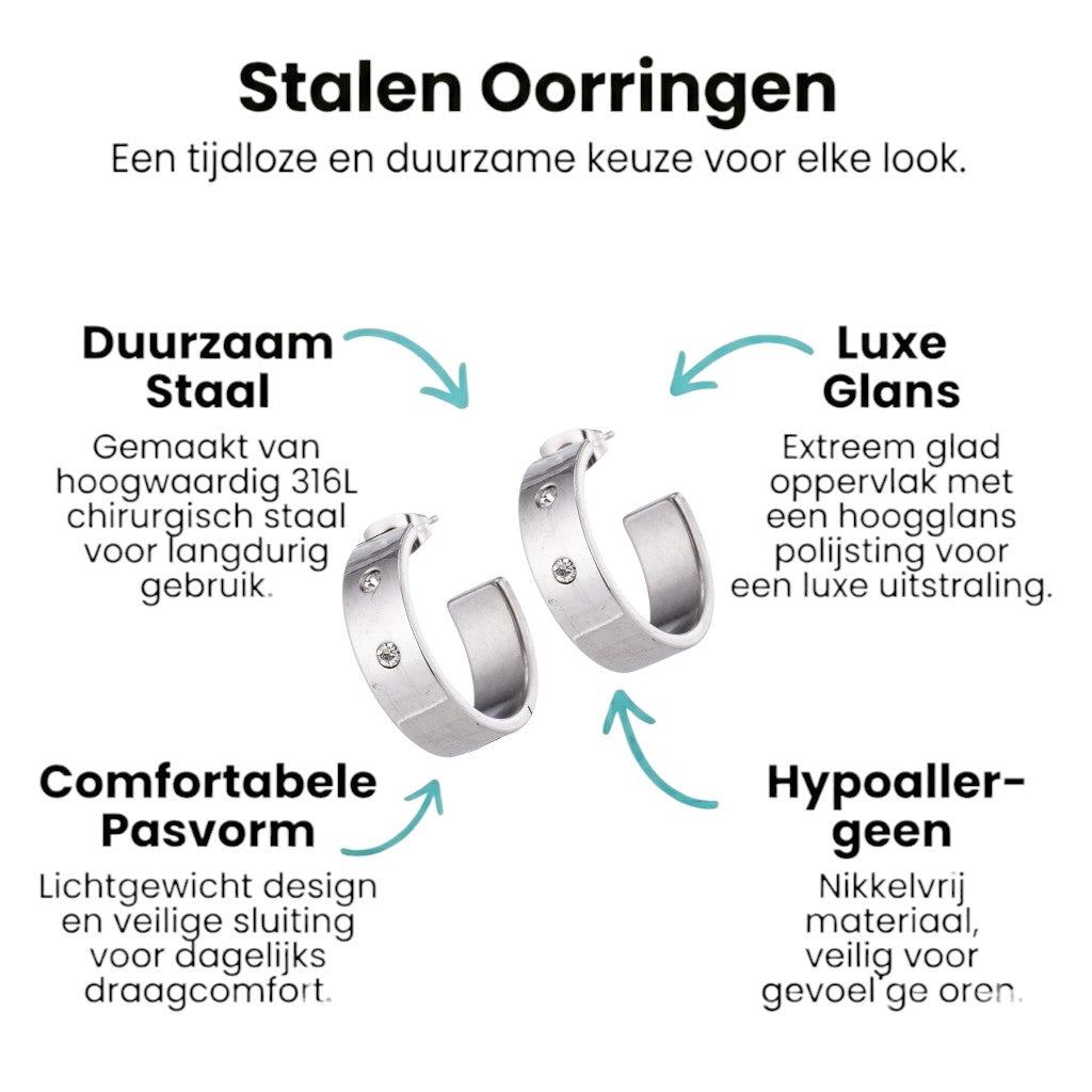 Aramat Jewels silver-tone stainless steel hoop earrings, 23mm diameter, 7mm wide, with two small cubic zirconia stones each.