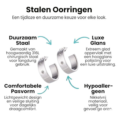 Aramat Jewels silver-tone stainless steel hoop earrings, 23mm diameter, 7mm wide, with two small cubic zirconia stones each.