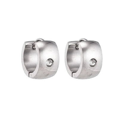 Aramat Jewels silver-coloured wide stainless steel hoop earrings with a clear cubic zirconia stone.
