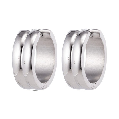 Aramat Jewels silver-tone stainless steel huggie hoop earrings with double stripe detail, 20mm diameter.