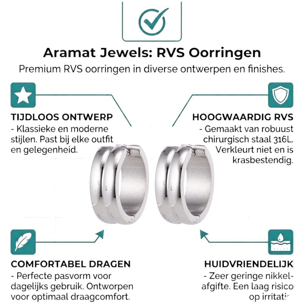 Aramat Jewels unisex silver-tone stainless steel huggie hoop earrings with two rounded stripes, 20mm diameter.