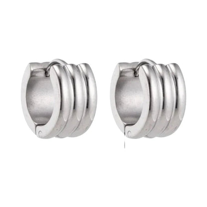Aramat Jewels wide silver-tone stainless steel hoop earrings with ribbed detail, 13x7mm.