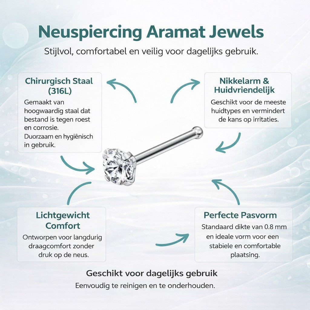 Aramat Jewels silver-colored steel nose piercing with a clear round 2mm zirconia stone and a straight post.