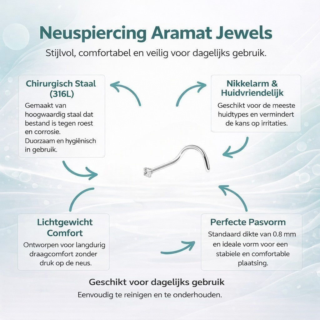 Aramat Jewels silver steel nose piercing with a 2mm clear cubic zirconia stone and a curved screw post.