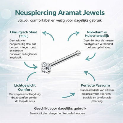 Aramat Jewels silver-tone steel nose stud with a clear round cubic zirconia stone and a straight post.