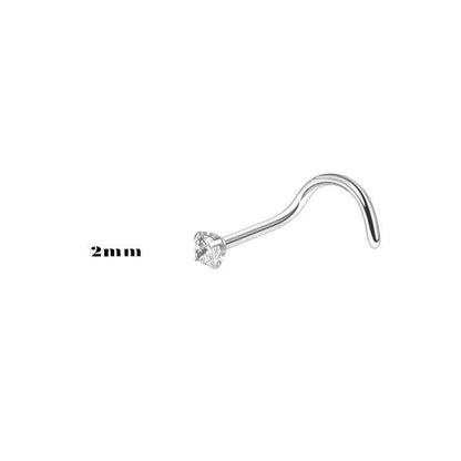 Aramat Jewels silver steel nose piercing with a clear 2mm cubic zirconia stone and a curved S-bar.