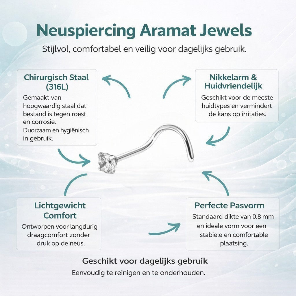 Aramat Jewels silver steel nose piercing with a 2mm clear cubic zirconia stone and a curved S-bar.