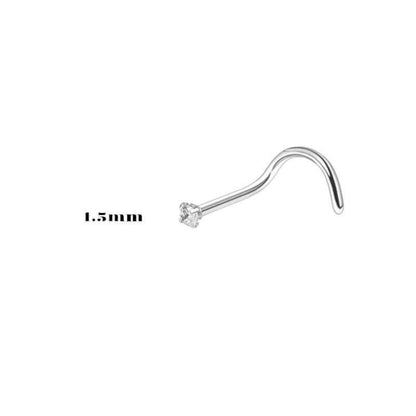 Aramat Jewels silver steel nose piercing with a clear 2mm cubic zirconia stone and a curved S-shaped post.