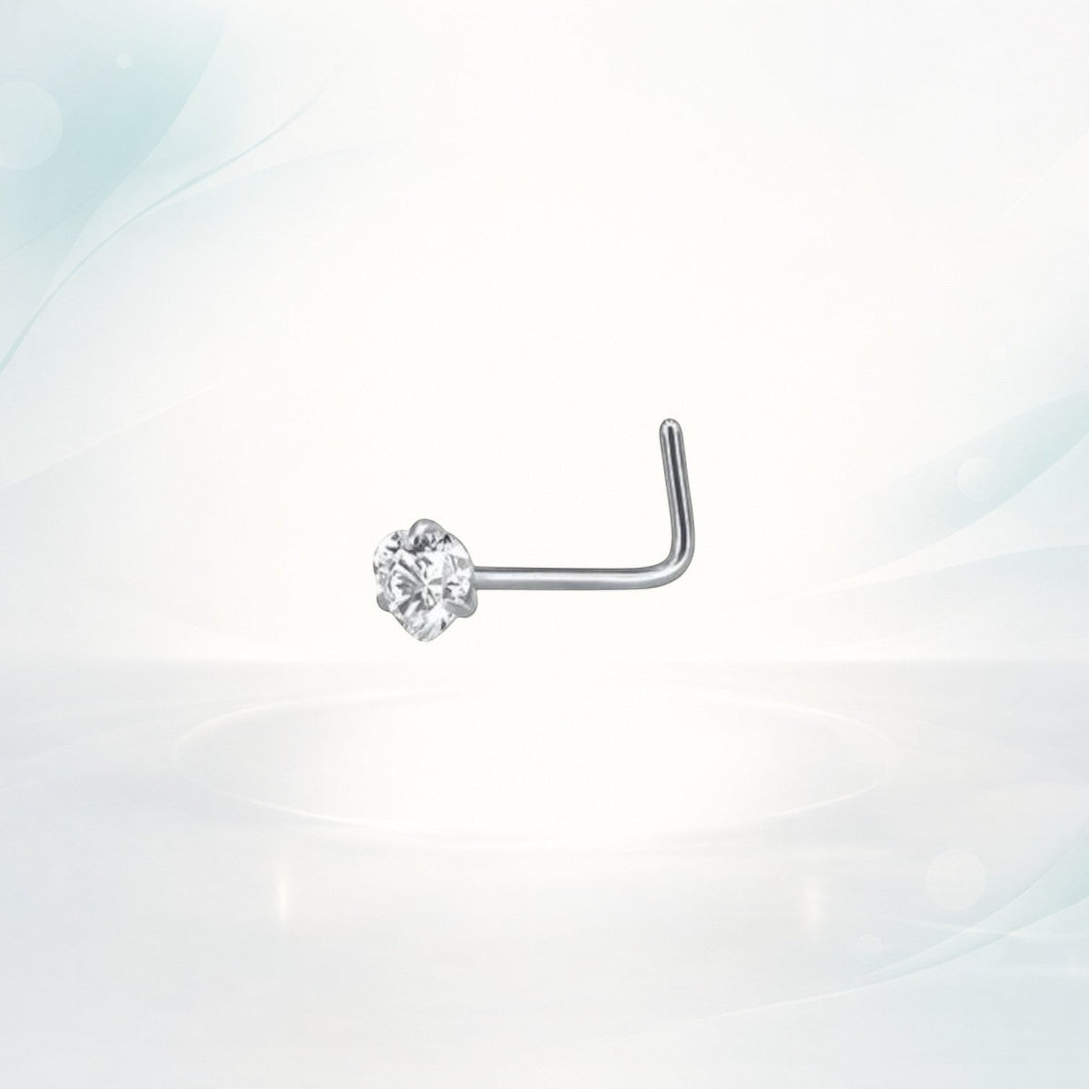 Aramat Jewels silver steel nose piercing with a clear cubic zirconia stone.