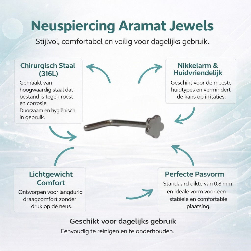 Aramat Jewels silver-tone steel nose stud with a small flower design.