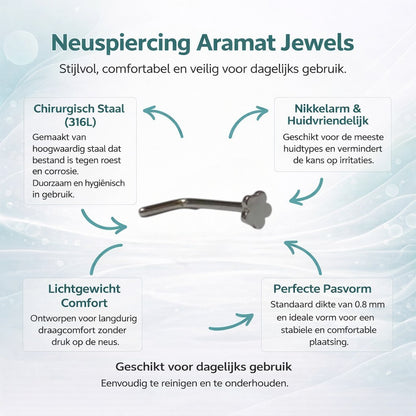 Aramat Jewels silver-tone steel nose stud with a small flower design.