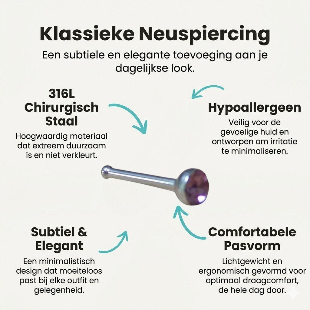 Aramat Jewels silver steel nose stud with a 2mm purple crystal stone, straight design.