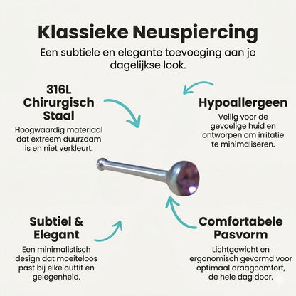 Aramat Jewels silver steel nose stud with a 2mm purple crystal stone, straight design.