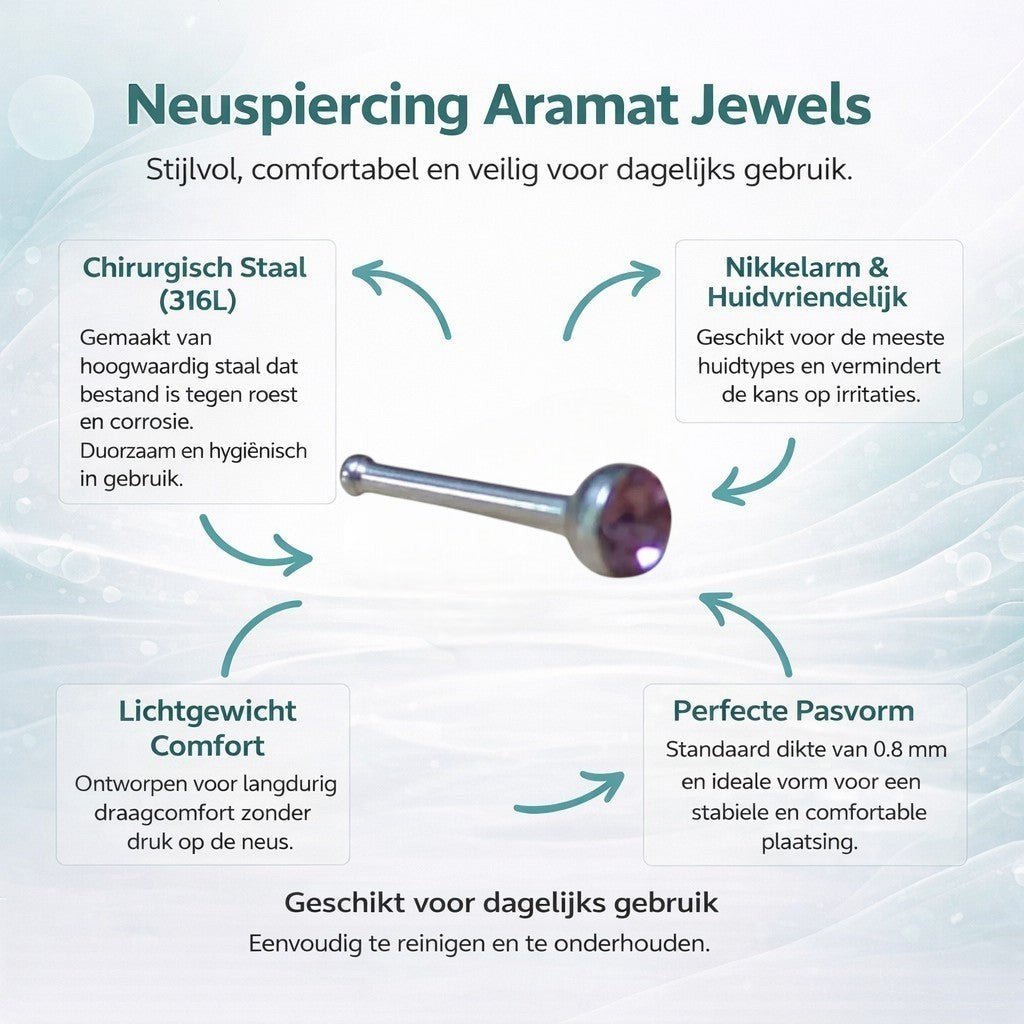 Aramat Jewels silver steel nose stud with a 2mm purple crystal stone. Straight design for nose wing piercing.