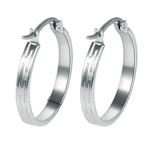 Aramat Jewels silver-tone stainless steel hoop earrings with a subtle striped pattern, 20mm diameter.