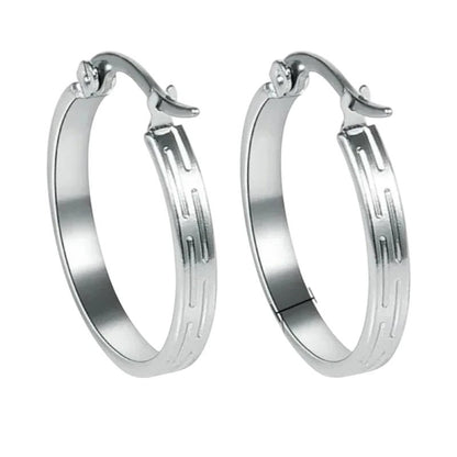 Aramat Jewels silver-tone stainless steel hoop earrings with a subtle striped pattern, 20mm diameter.