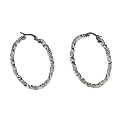 Aramat Jewels silver-tone stainless steel twisted hoop earrings, 30mm or 40mm diameter, 3mm width, with a shiny finish.