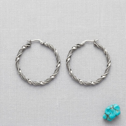Aramat Jewels silver-tone stainless steel twisted hoop earrings, 30mm or 40mm diameter, 3mm width, with a shiny finish.