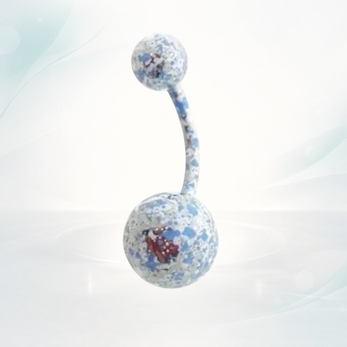 Aramat Jewels speckled belly button piercing made of steel and acrylic with a 1.6mm gauge and 25mm length. Features a speckled design in various colors.