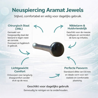 Aramat Jewels stainless steel nose piercing with a 1.5mm black crystal stud. Straight design for comfortable wear.