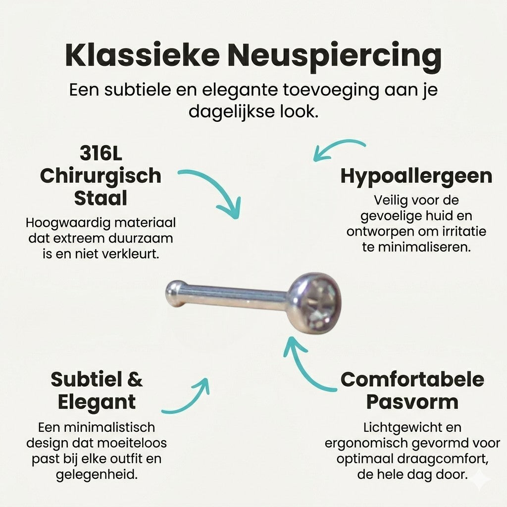 Aramat Jewels stainless steel straight nose piercing with a 1.5mm clear crystal stud.