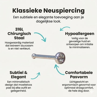 Aramat Jewels stainless steel straight nose piercing with a 1.5mm clear crystal stud.