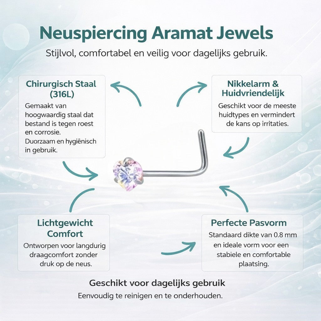 Aramat Jewels stainless steel nose piercing with a heart-shaped AB iridescent cubic zirconia stone.