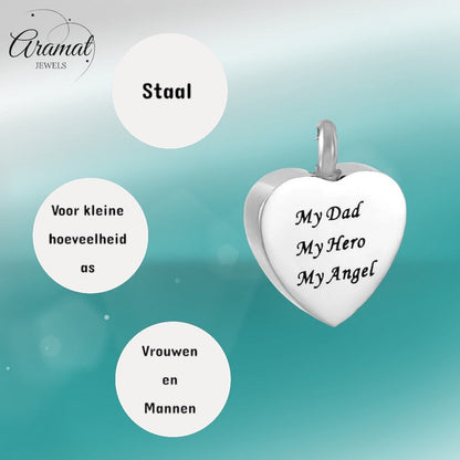 Aramat Jewels® stalen hartvormige crematiehanger met de tekst 'My Dad, My Hero, My Angel'.