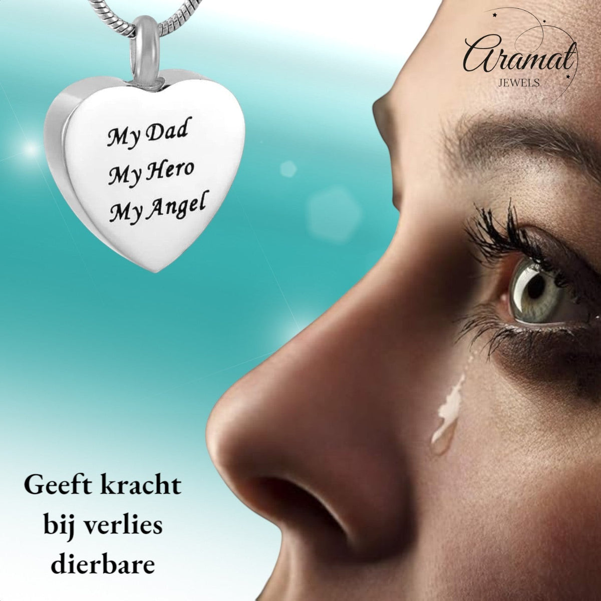 Aramat Jewels® stalen hartvormige crematiehanger met de tekst 'My Dad, My Hero, My Angel'.