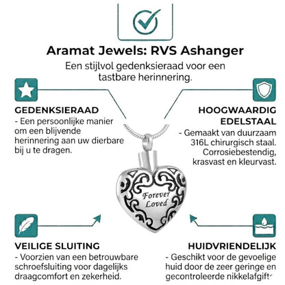 Aramat Jewels® zilverkleurige en zwarte stalen ashanger in hartvorm met gravure 'Forever Loved'.