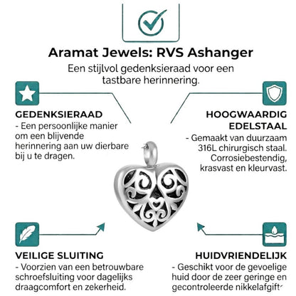 Aramat Jewels zilverkleurig stalen hartvormige ashanger met zwarte emaille versiering