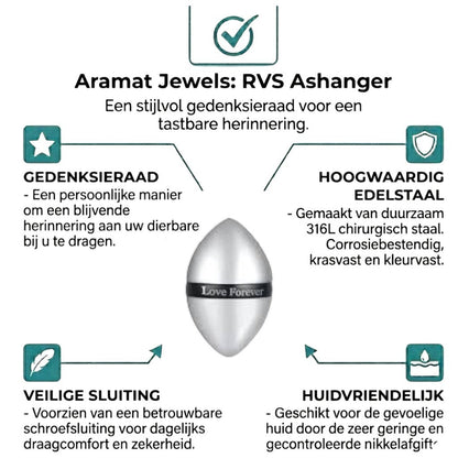 Aramat Jewels ashanger in zilverkleurig en zwart staal met de tekst 'Love Forever'.