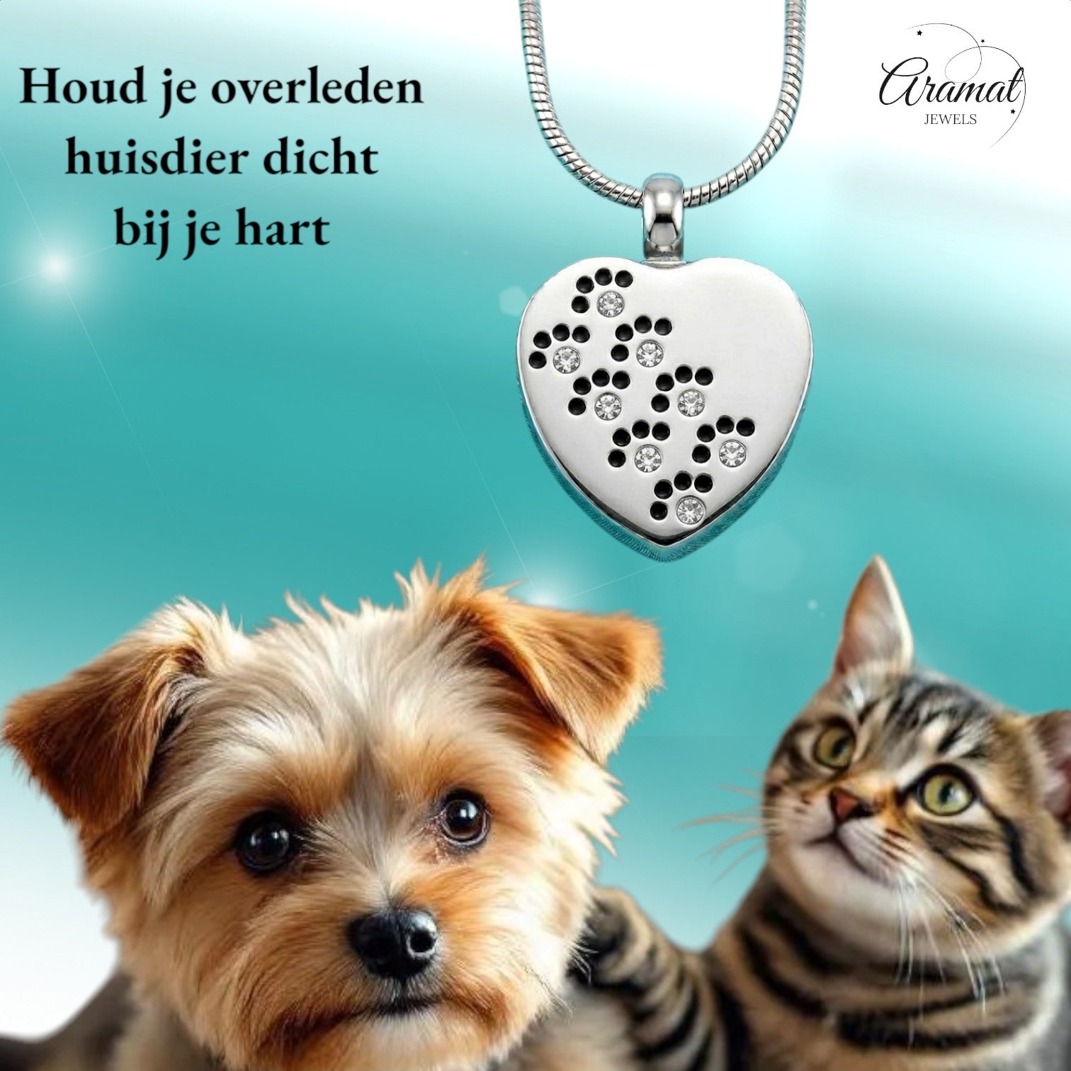 Aramat Jewels zilverkleurige stalen ashanger in hartvorm met pootjes en zirkonia, voor huisdieren.