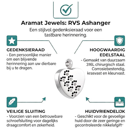 Aramat Jewels zilverkleurige stalen ashanger in hartvorm met pootjes en zirkonia steentjes.